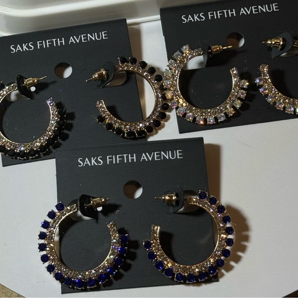 Saks Fifth Ave Gold Tone Blue Crystal Open Hoop post Earrings - Picture 4 of 4